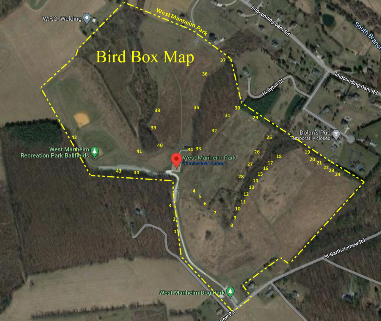Aerial map of the West Manheim Park showing the locations of each bird box